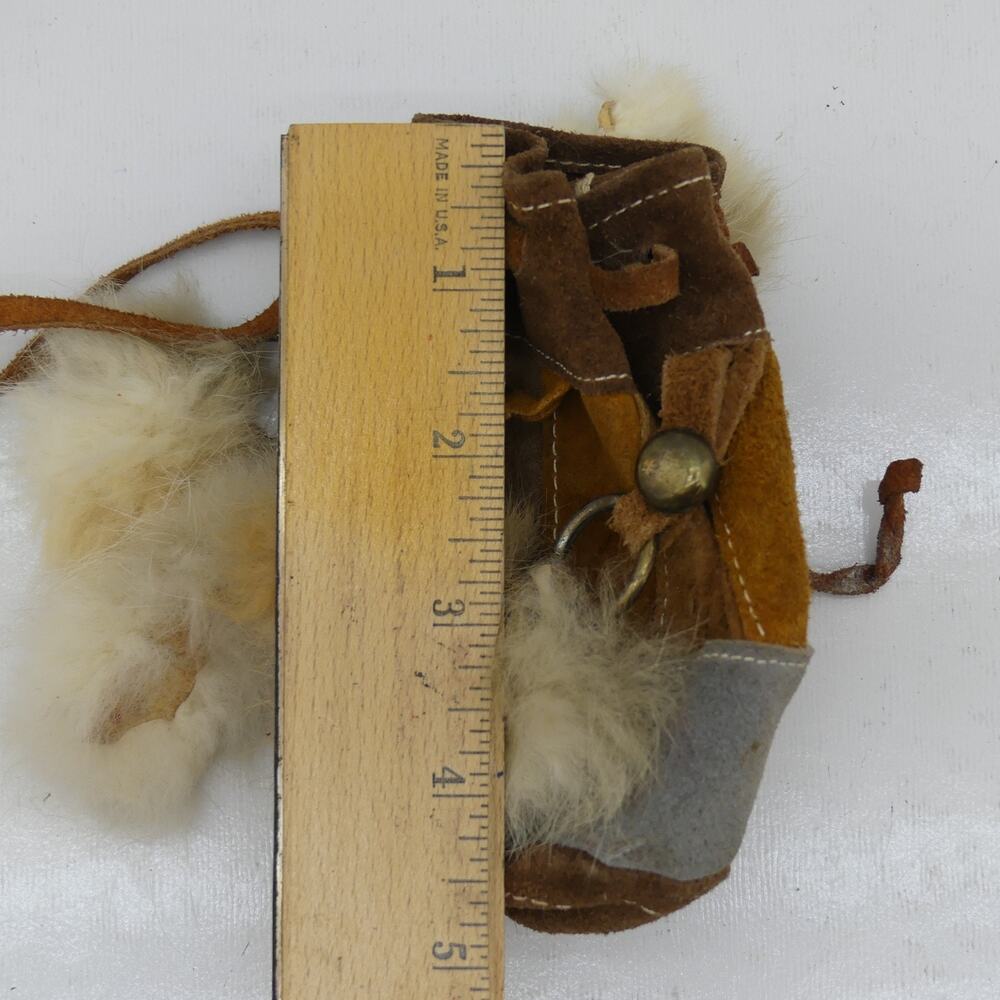 Vintage Rare 1960s 70s Handmade Leather Pouch Bag Boho Fur Trim Drawstring Purse - Picture 7 of 7